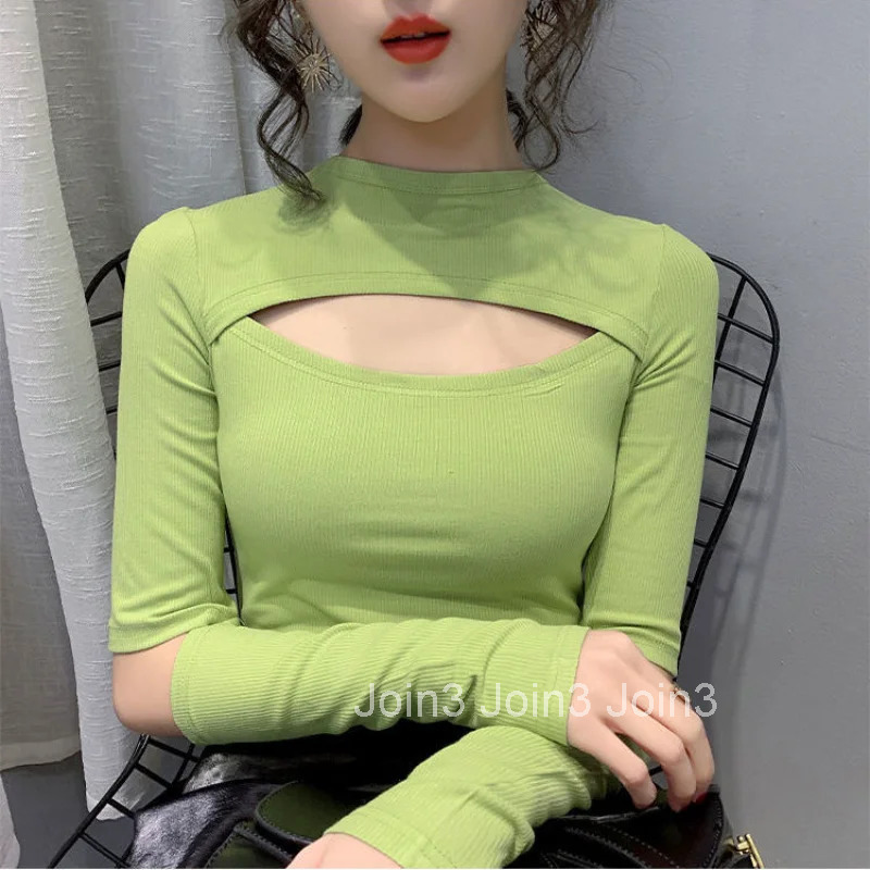 Plain Woman T-shirt Green 2025 Black Cotton Tshirt Women Clothing Old Long Top for Sleeve Aesthetic New in Novelties Fitted Tee