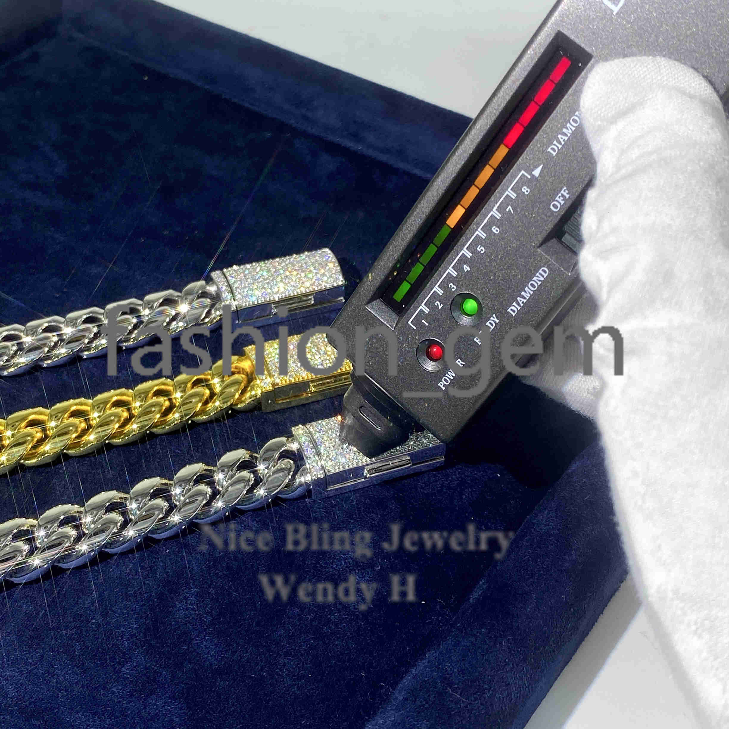 Hip Hop Iced Out Moissanite Diamond Clasp 8mm 10mm 12mm 14mm 925 silver 925 silver Pvd Gold Plated Miami Cuban Link Chain