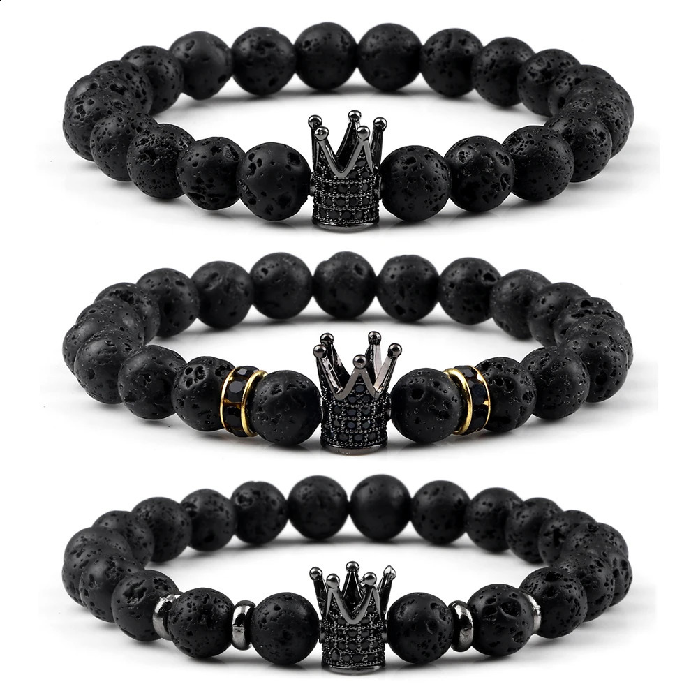 Vintage CZ King Crown Charm Bracelets For Men 8mm Natural Black Lava Stone Beads Stretch Fashion Women Healing Jewelry 250613