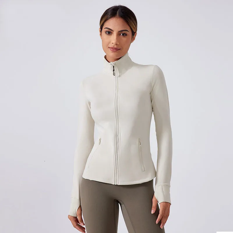 Stretch Gold Zipper Yoga Jacket Stand Up Collar Yogo Clothes Long-Sleeve Thumb Hole Training Running Sweateshirt Women Slim Fitness Coat Sports Outfit