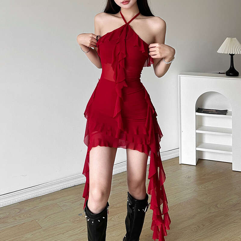 Autumn Winter New Women's Solid Color Slim Fit High Waist Street Fashion Halter Neck Backless Dress B5