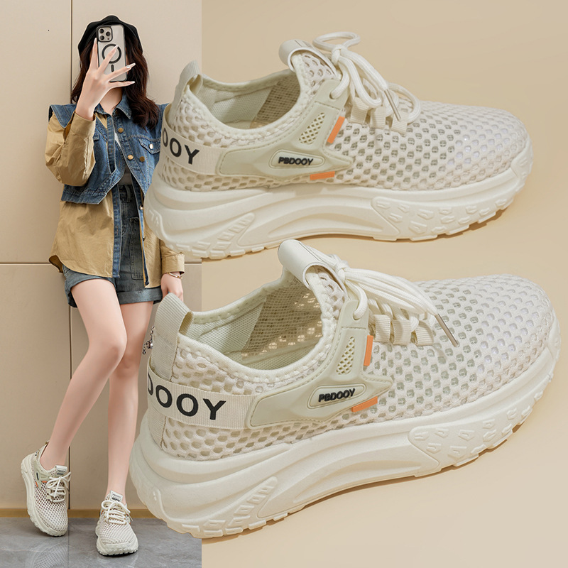 Summer Women's New Breathable Hollow Mesh Korean Style Versatile Thick Sole Flyknit Sneakers Casual Dad Shoes ddmythur