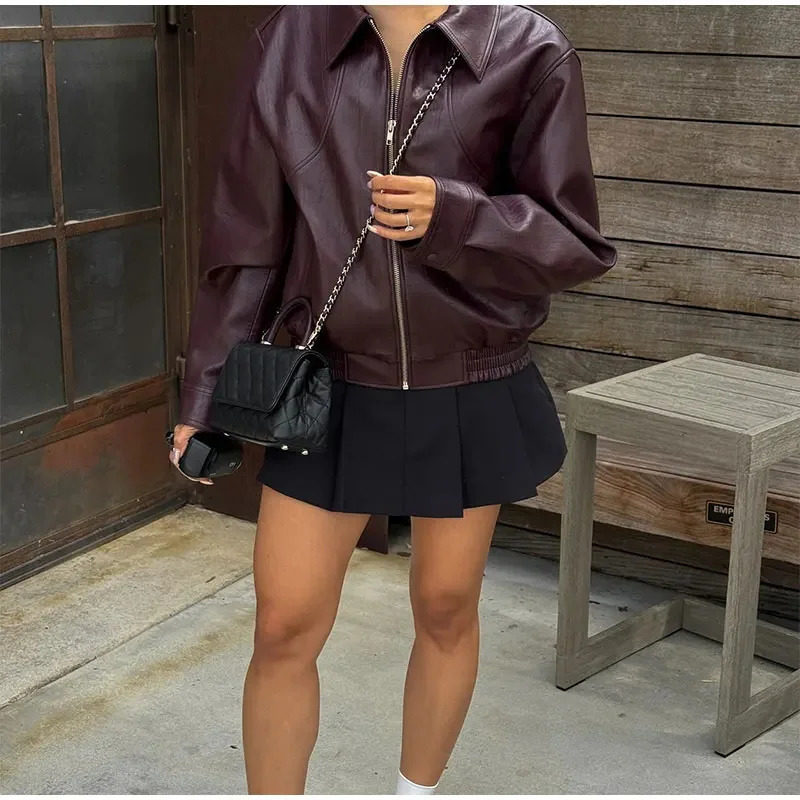 Chic Solid Color Lapel Cropped Leather Jacket Fashion Womens Pockets Long Sleeves Short Coat Lady Autumn High Streetwear 250613