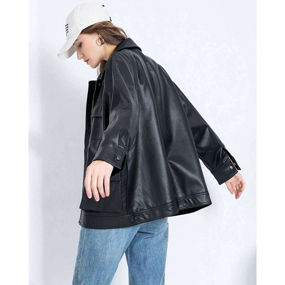 Fitaylor Women PU Jacket Vintage Lapel Zipper Faux Leather Coat High Street Motorcycle Outwear with Belt