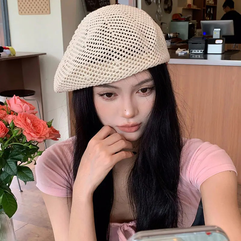Korean Straw Woven Berets for Women Summer Thin Hollow Mesh Painter Cap Solid Color Breathable Female Lady Pumpkin Hats 250604