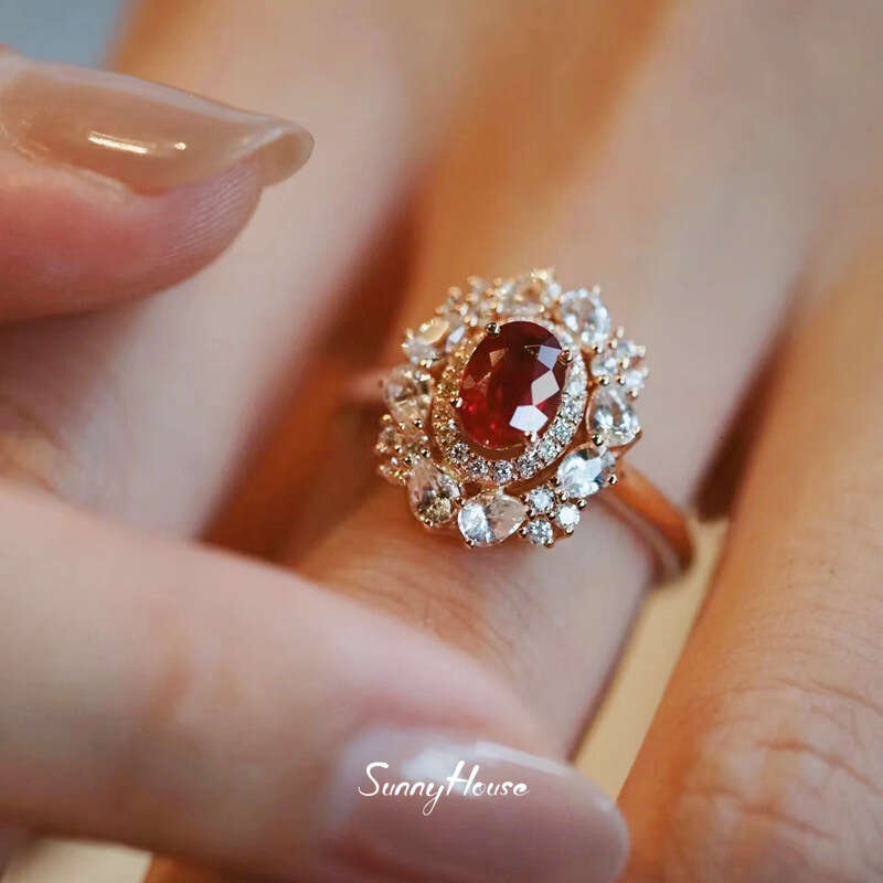 High-end Exquisite Colorful Gem Red Hollow Diamond for Women Super Beautiful French Simple Open Finger Ring