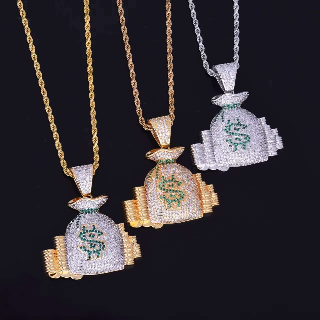 Hip Hop Style 18K Gold Silver Moissanite Money Bag Pendant with Stack Cash Coins Mens Womens Jewelry