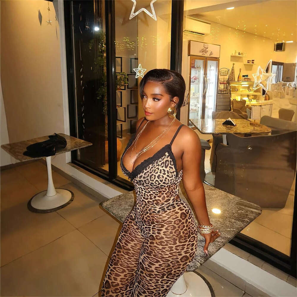 Leopard Print Lace Mature Patchwork V-Neck Slim Sexy Camisole Top With 7/8 Pants Set B5