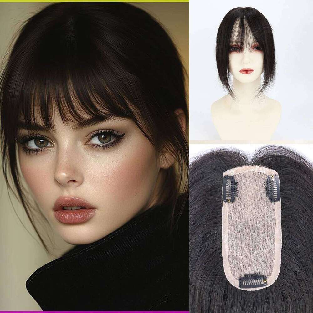 6x12cm Human Topper Silk Base Bangs Straight Cover Soft Breathable with Clips in for Hair Loss Women Small Size