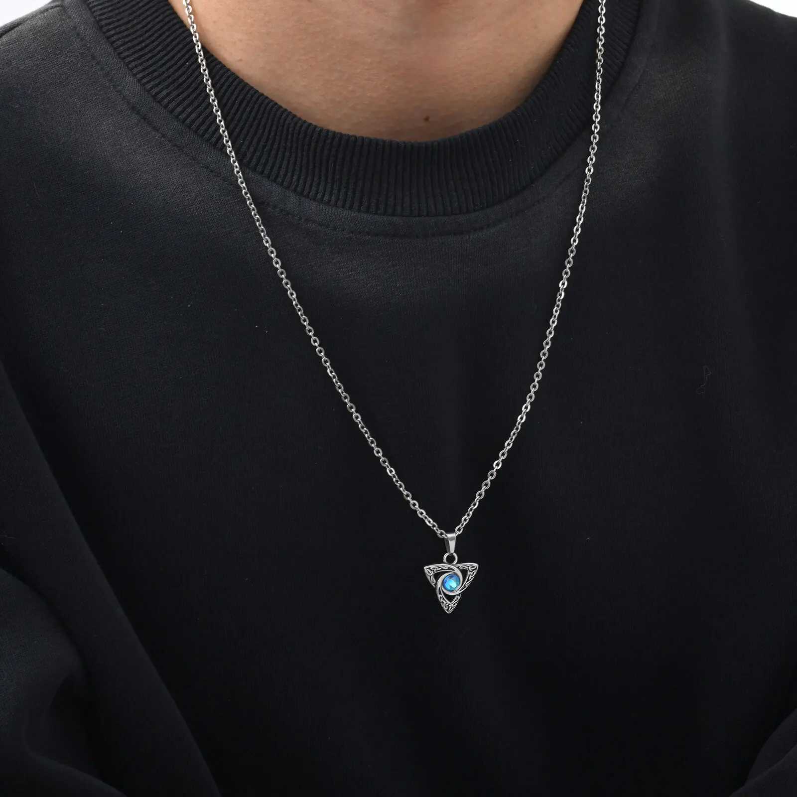 Moonstone Necklace for Men Boys Waterproof Stainless Steel Celtic Knot Pendant Necklace Punk Vintage Jewelry Gifts W250618