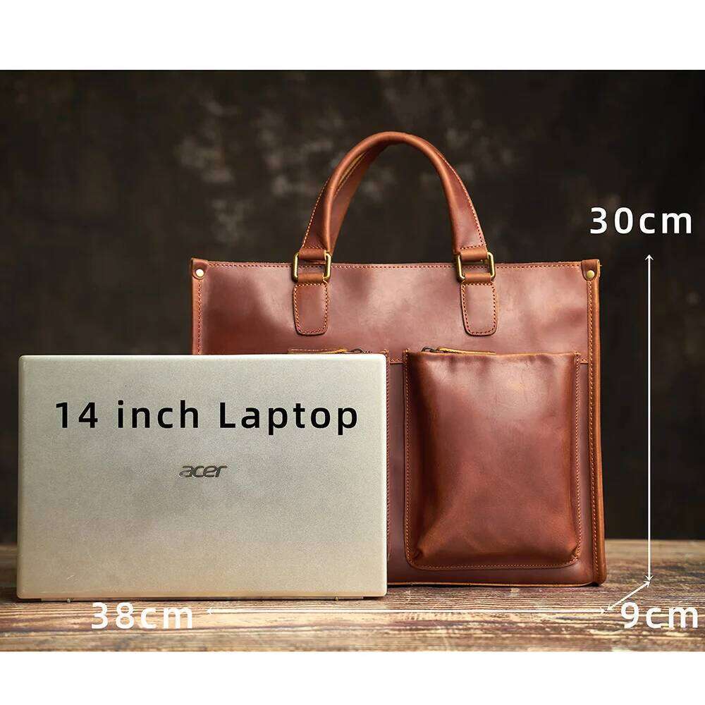 Vintage Men's Briefcase Genuine Leather Casual Trend Handbag High Capacity Shoulder Bag Zipper Pockte For 14 Inch Laptop NUPUGOO