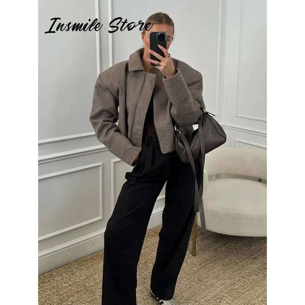 Vintage Khaki Women Short Coat Lapel Long Sleeve Zipped Pleated Loose Female Jacket 2025 Spring New Fashion Street Lady Jackets