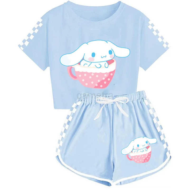 Sanrio Girls Cartoon T-Shirts and Shorts Set Cinnamoroll Kuromi Soft Pajamas Short Sleeve Set Summer Sport Clothes Homewear Gift XJ250618XJ250618