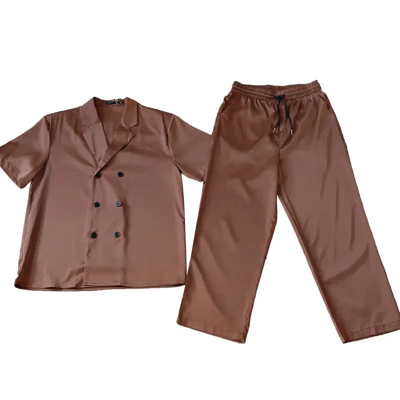 Summer Sets Men Fashion Double Breasted Short Sleeve Shirt/Trousers Two Piece Set Men Korean Loose Ice Silk Sets Mens Formal Set 250617