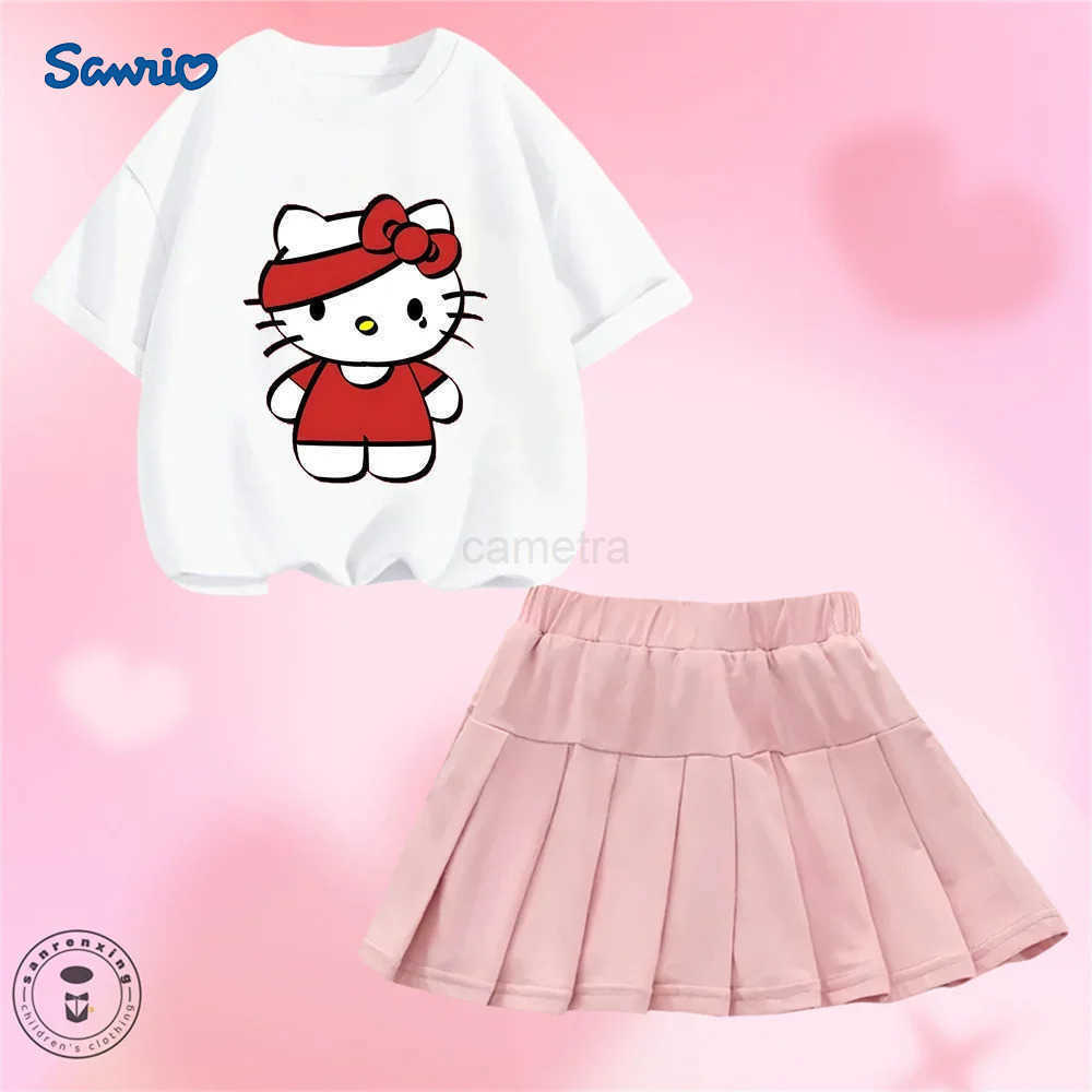 Sanrio Sanrio Hello Kitty Girl Cartoon Cute T-shirt Short Skirt Short Sleeve My Melody Summer Childrens Pleated Skirt Jk SuitXJ250618