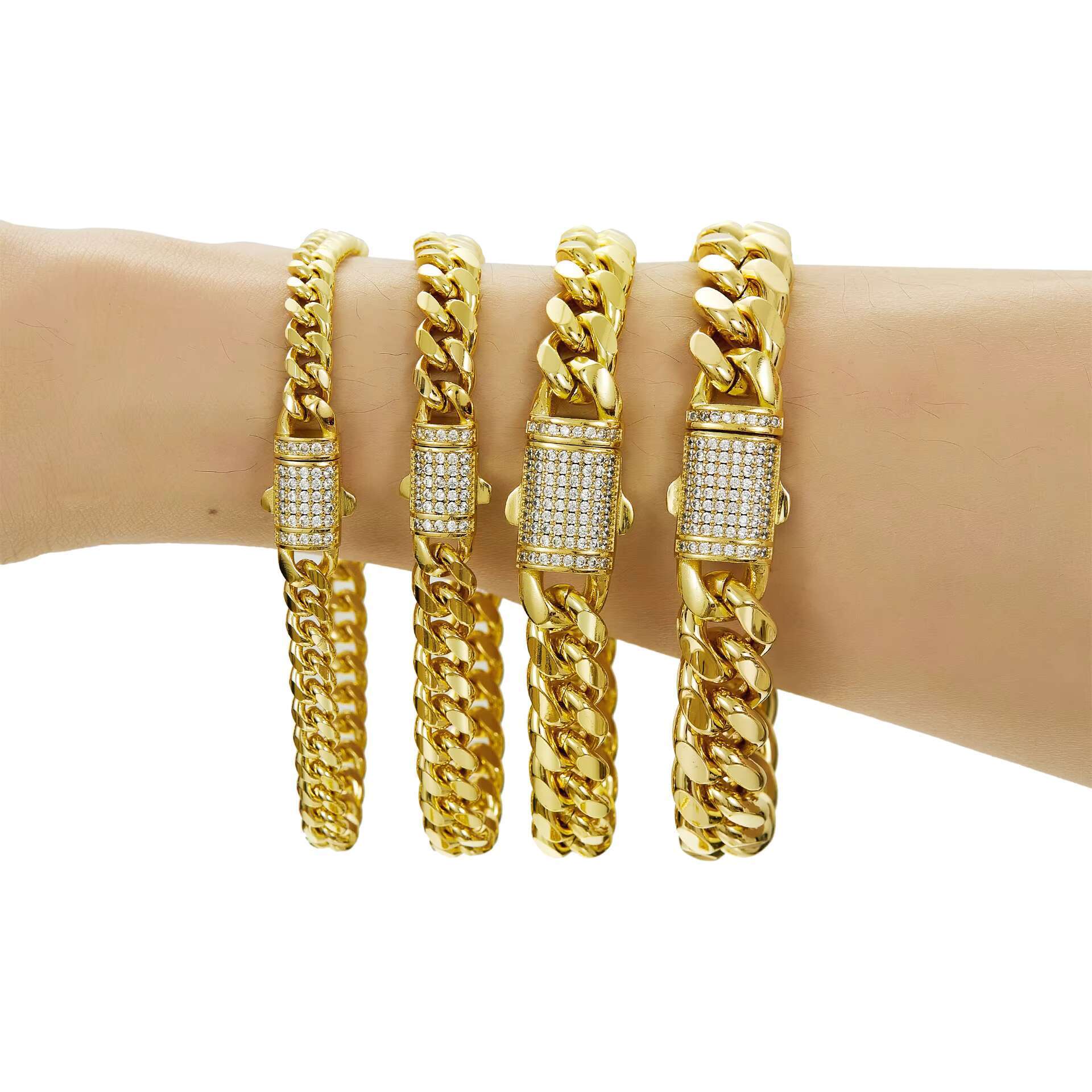 Mens Hip Hop Style Miami Cuban Link Chain 14K Gold-Plated Stainless Steel Trendy Fashion Jewelry Zircon Diamond Geometric