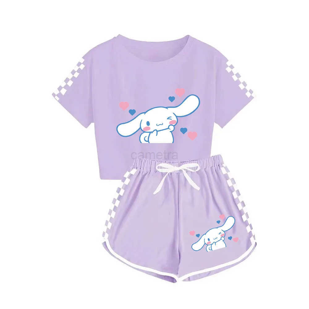 Sanrio Girls Cartoon T-Shirts and Shorts Set Cinnamoroll Kuromi Soft Pajamas Short Sleeve Set Summer Sport Clothes Homewear Gift XJ250618XJ250618