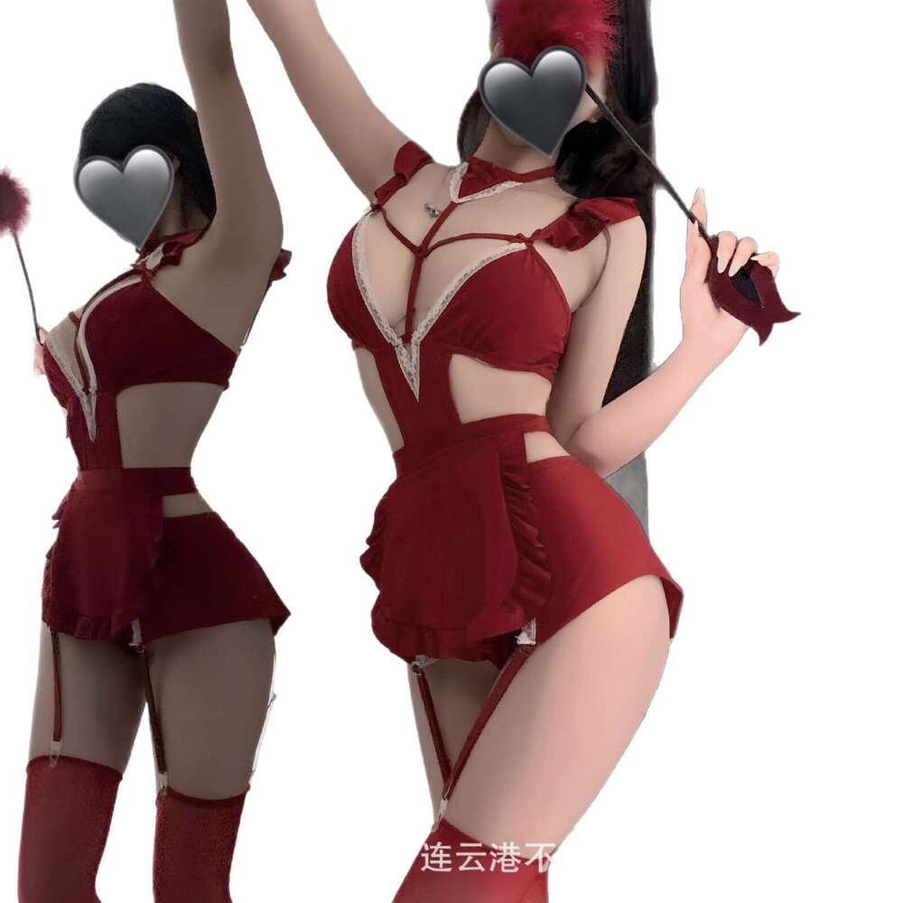 Sexy Lingerie No Mistake Nighttime Fun Lingerie Sexy Maid Uniform Pure Desire Red Temptation No-Need-Remove Set Qqny Lace Nightdress Women Lingerie