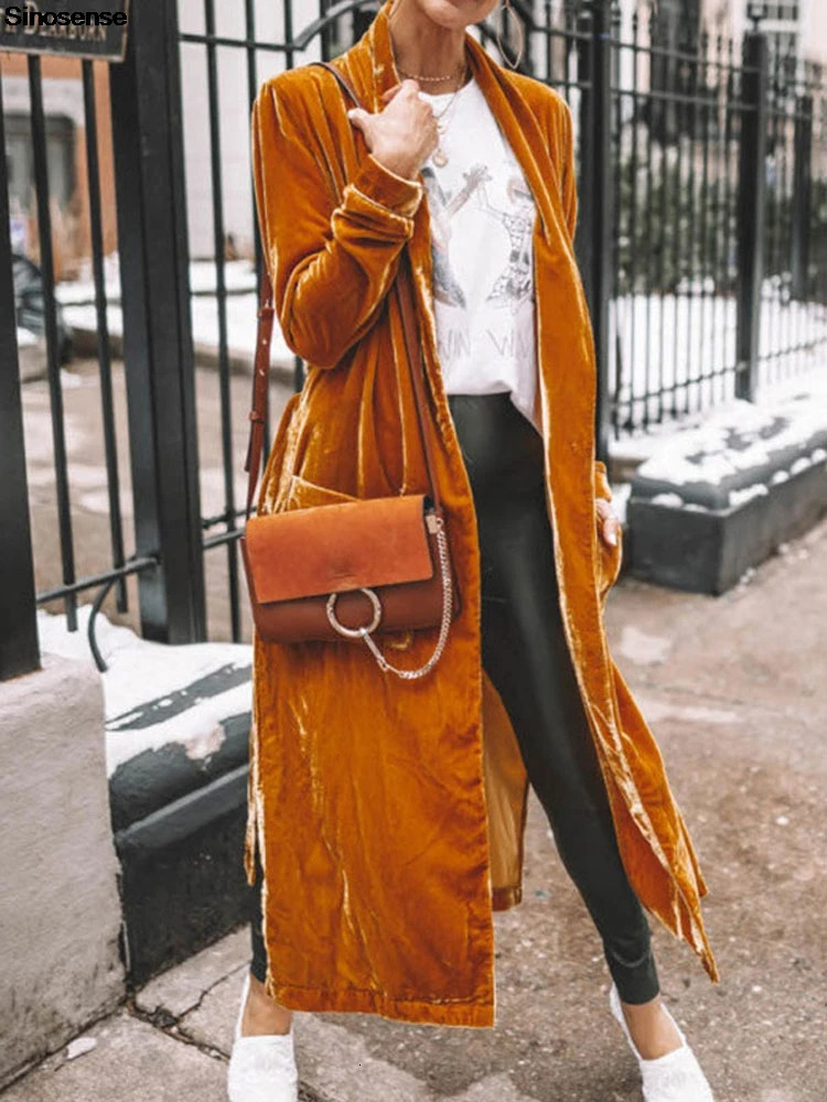 Women Solid Long Sleeve Velvet Jacket Lapel Collar Open Front Long Cardigan Coat With Pockets Fall Fashion Outerwear Maxi Duster 250617