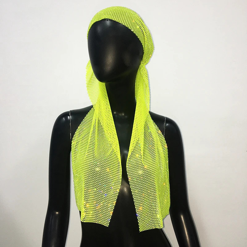 Fishnet Glitter Rhinestone Y2K Beanie Balaclava Womens Cap Crystal Diamond Nightclub Rave Party Turban Hat Muslim Head Wraps 250618