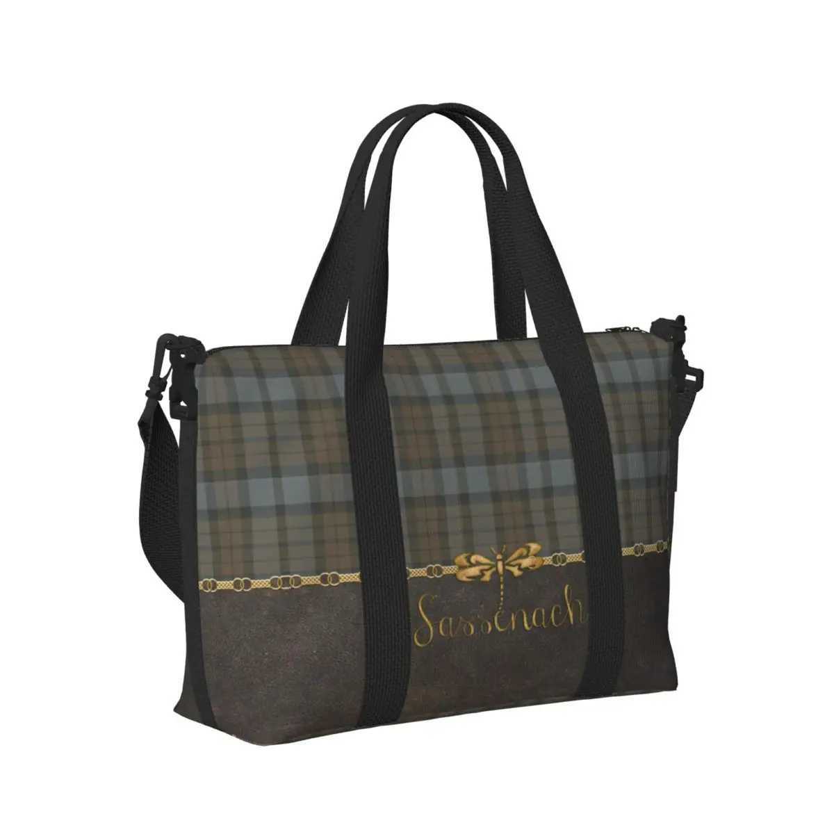 Custom Leather And Tartan Sassenach Dragonfly Pattern Tote Bag Large Capacity Modern Plaid Check Texture Gym Beach Travel Bags W250618