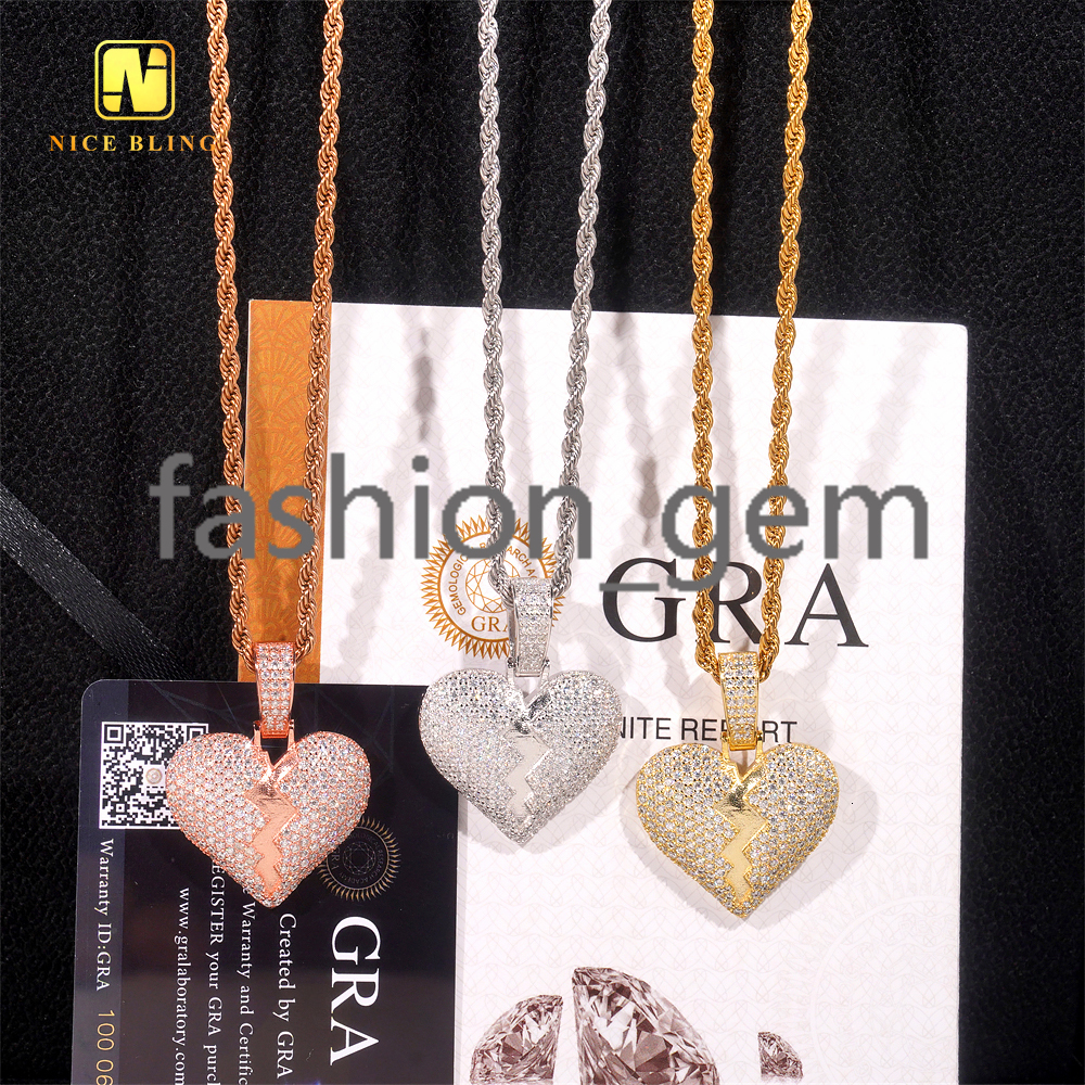 GRA Certificated 925 Sterling Silver Moissanite Pendant Broken Heart Iced Out Hip Hop Jewelry Pendants