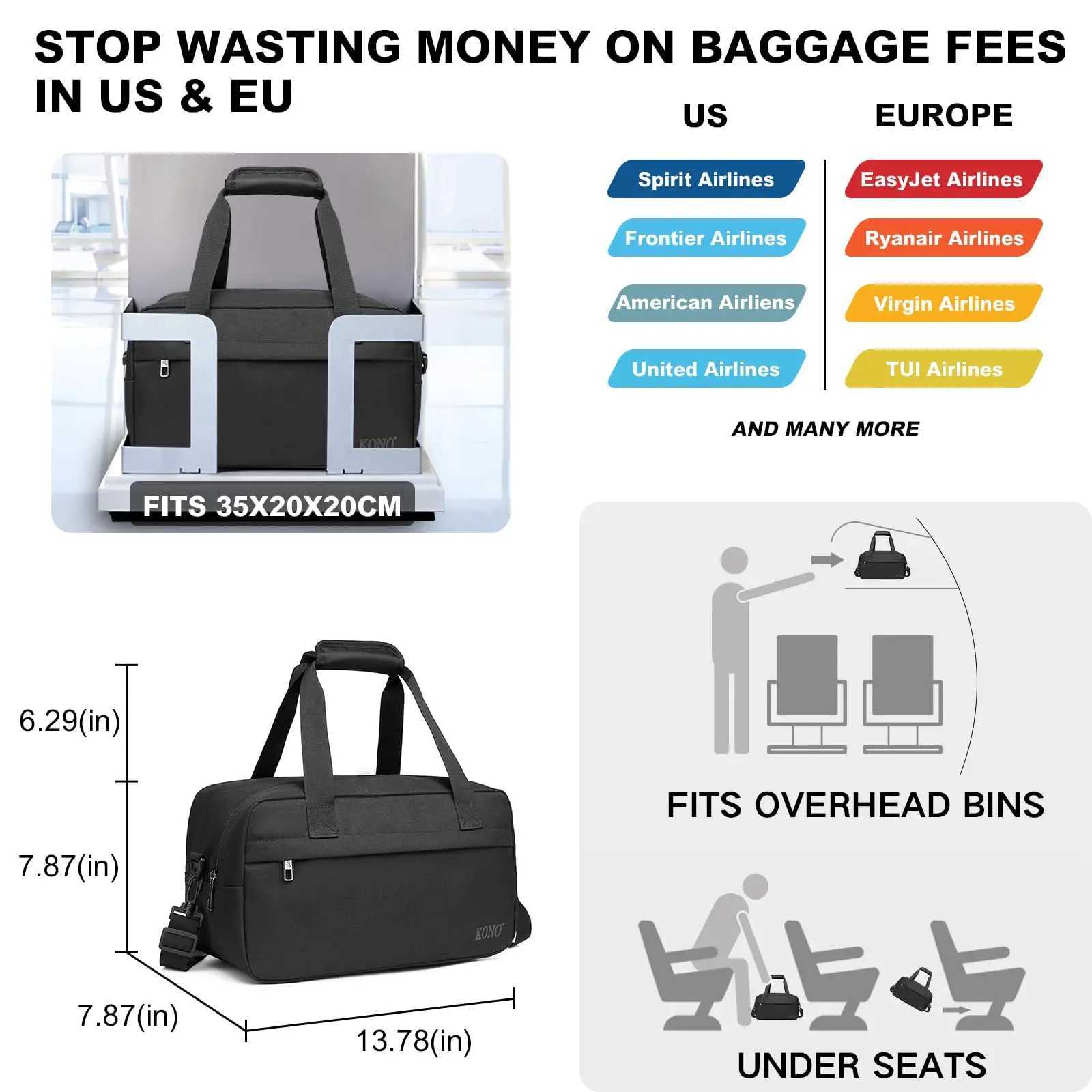 Any 35x20x20 Cabin Bag Under Seat RyanAIR Carry on Bag Sports Travel Duffel Holdall Hand Luggage 14L Unisex W250618