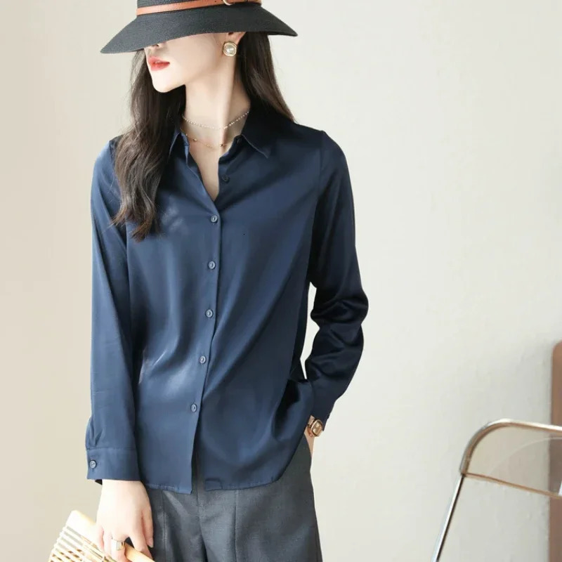 Satin Womens Shirt Blouses for Women Fashion Korean Style Tops Office White OL Loose Elegant Clothing 250617