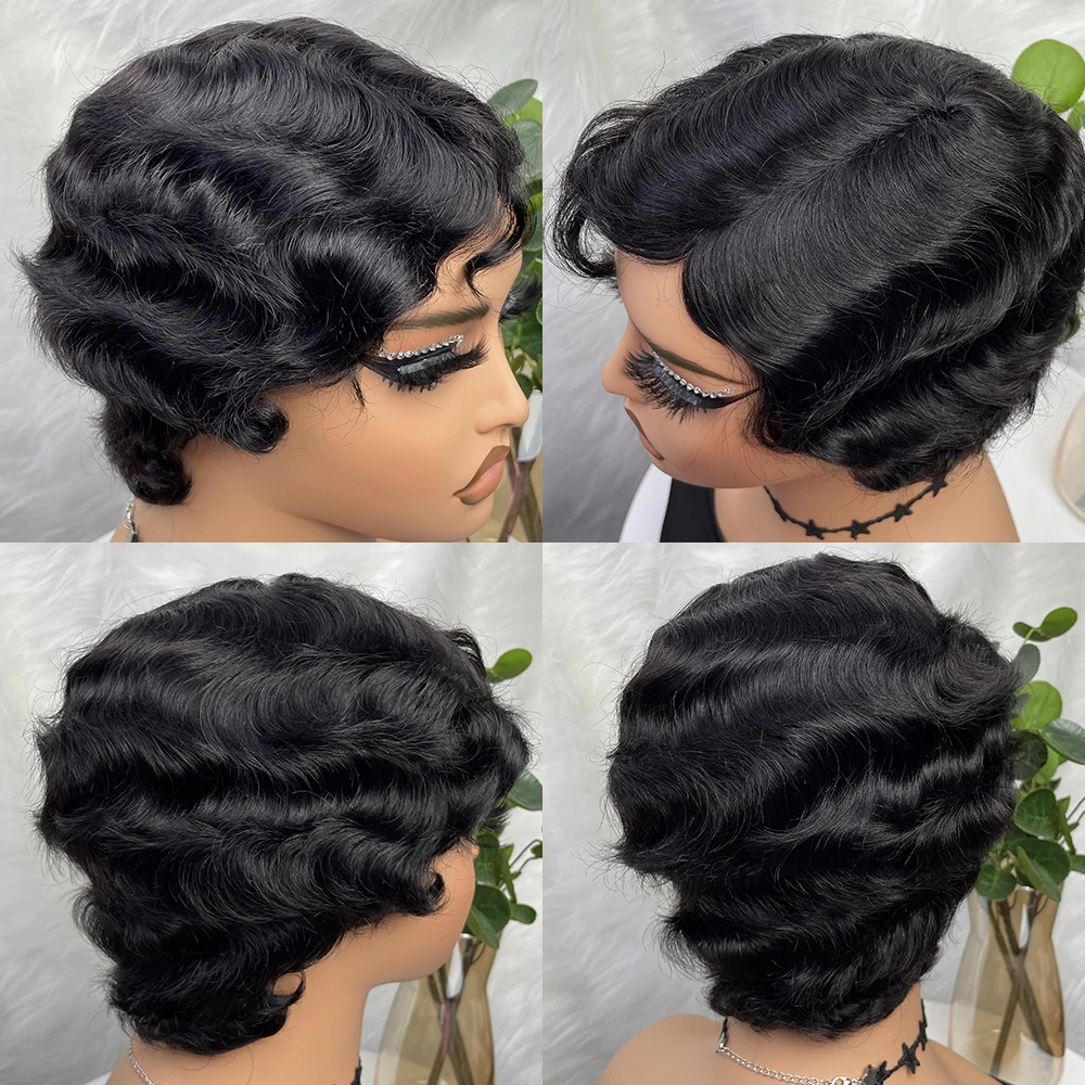 Finger Wave Wig Pixie Cut Short Bob Wavy Wig 100% Human Hair Curly Black Colored Cute Wig African Black Wigs for Women Mommy Wig Short Pixie Cut Wigs 