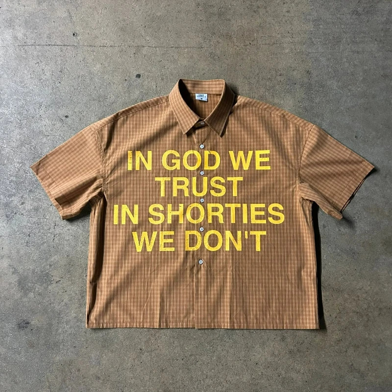 Y2k Plaid Shirt Trust God Text Graphic Printing Men Women Sweatshirt Retro Hip Hop Trendy Streetwear Unisex Boxy Casual T-shirt 250617
