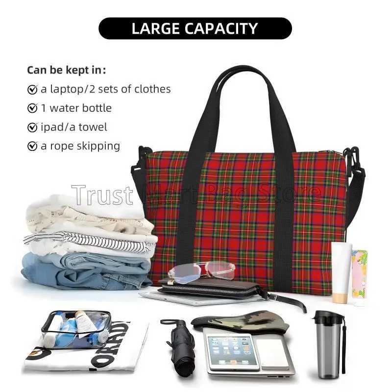 Customized Plaid Tartan Red Duffel Bag Sports Gym Bags Unisex Portable Waterproof Weekend Overnight Bags with Shoulder Strap W250618