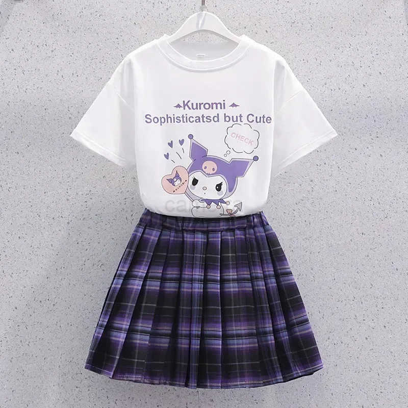 Sanrio New Kuromi Girls Skirt Set - Sanrio Summer Outfit Short-Sleeve T-shirt + Plaid Pleated Skirt 2Pc Cute Preppy Dress (Age 3-13)XJ250618