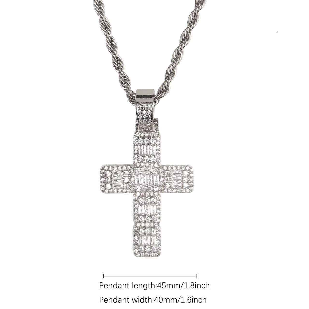 18K Gold Hip Hop Style Baguette Cross Pendant Necklace Christian Cross Moissanite Jewelry Flooded Ice Effect Pendants Charms
