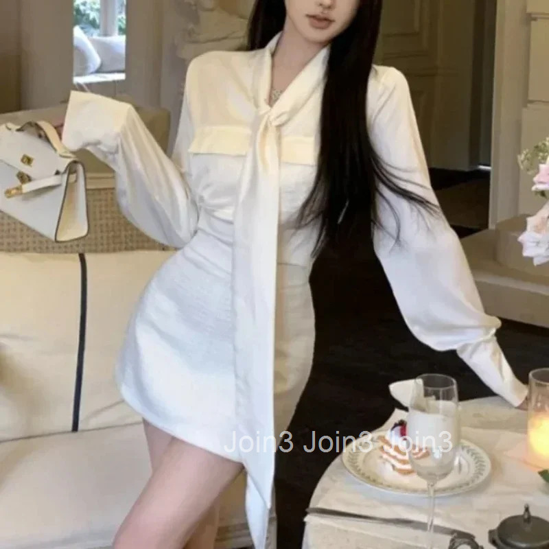 Female Dress Chic and Elegant Pretty Womens Long Sleeve Dresses Shirt Bow High Quality Luxury One-piece Loose Pieces Hot Full G
