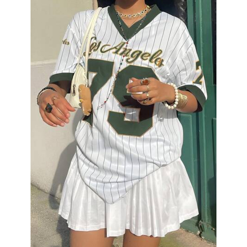 2025 Sports Style Trendy American Jersey Loose Street V-neck Striped Short Sleeve T-shirt Top 250407