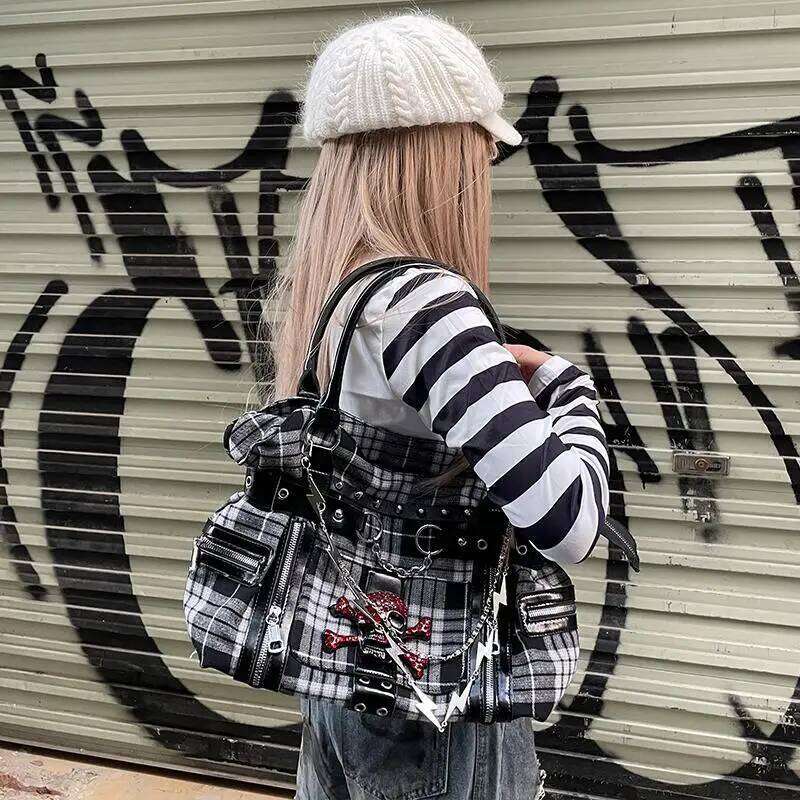 MBTI Plaid Y2k Womens Shoulder Canvas Punk Chains Fashion Tote Bag Aesthetic Haruku Style Casual Commuter Female Handbag
