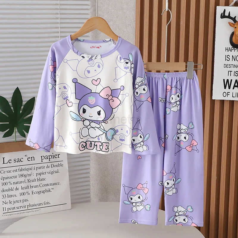 Sanrio 2024 New Spring And Autumn Sanrio Kuromi ChildrenS Pajamas Long Sleeve ChildrenS Cartoon Round Neck Cartoon Melody SetXJ250618XJ250618
