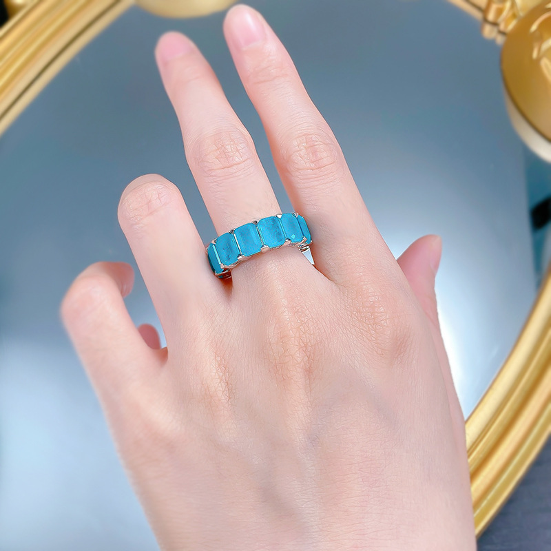 Elegant Rectangular Paraiba-Inspired 925 Sterling Silver Band Featuring a Line of Sparkling Diamonds