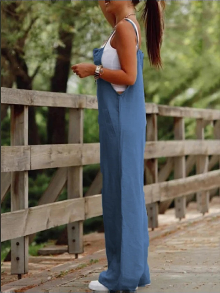Womens Sleeveless Jumpsuit with Suspender Loose Casual Pocket Monochromatic Summer 250618