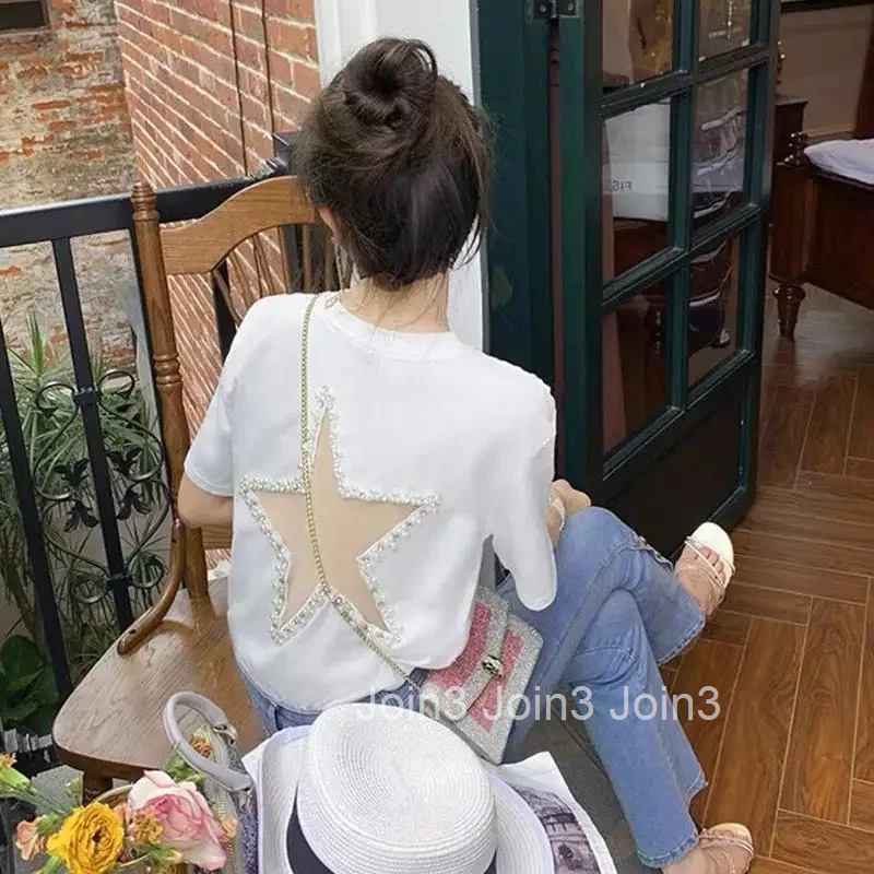 Sequin T Shirt for Women Short Sleeve Woman Tops Korean Popular Clothes Goth Reviews Clothing Polyester Cheap Sales with Sleeves