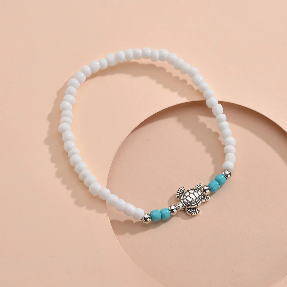 Cute Sea Turtle Rainbow Beaded Anklets For Women Elastic Rope Chains Adjustable Ankle Bracelet Beach Jewelry Summer Accessories 250606
