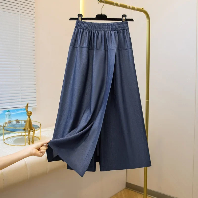 Plus Size Plus Size Style Slim Fit Lyocell Denim Shorts Summer Thin Elastic Waist Cool Wide Leg Slit Skirt Pants for plus 250609