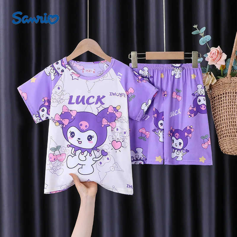 Sanrio Girls Pajamas Summer Short Sleeved Casual Two-piece Set Cartoon Cute Anime Kuromi Cinnamoroll Children Short Sleeved Set XJ250618XJ250618