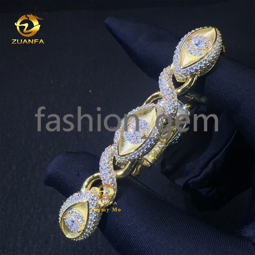 Wholesale Price 10mm 13mm Silver Real Gold Plated Hip Hop Jewelry Iced Out Moissanite Diamond Evil Eyes Infinity Cuban Bracelet