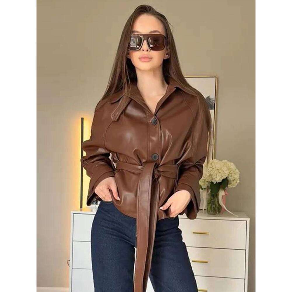 Street Brown Pu Leather Short Jacket Women Wind Loose Lapel Single Breasted Jackets Sashes Female Chic Versatile Coat