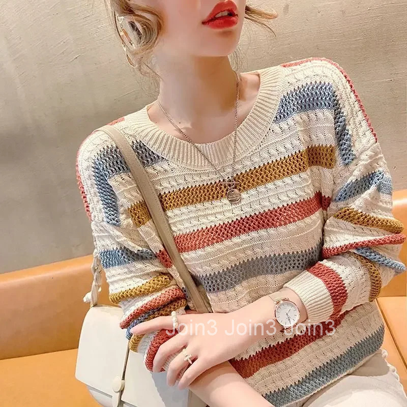 Womens Sweater Round O Neck Knit Tops for Woman Blue Mesh Pullovers Y2k Vintage Trend 2025 Korean Luxury Cold Winter Fashion
