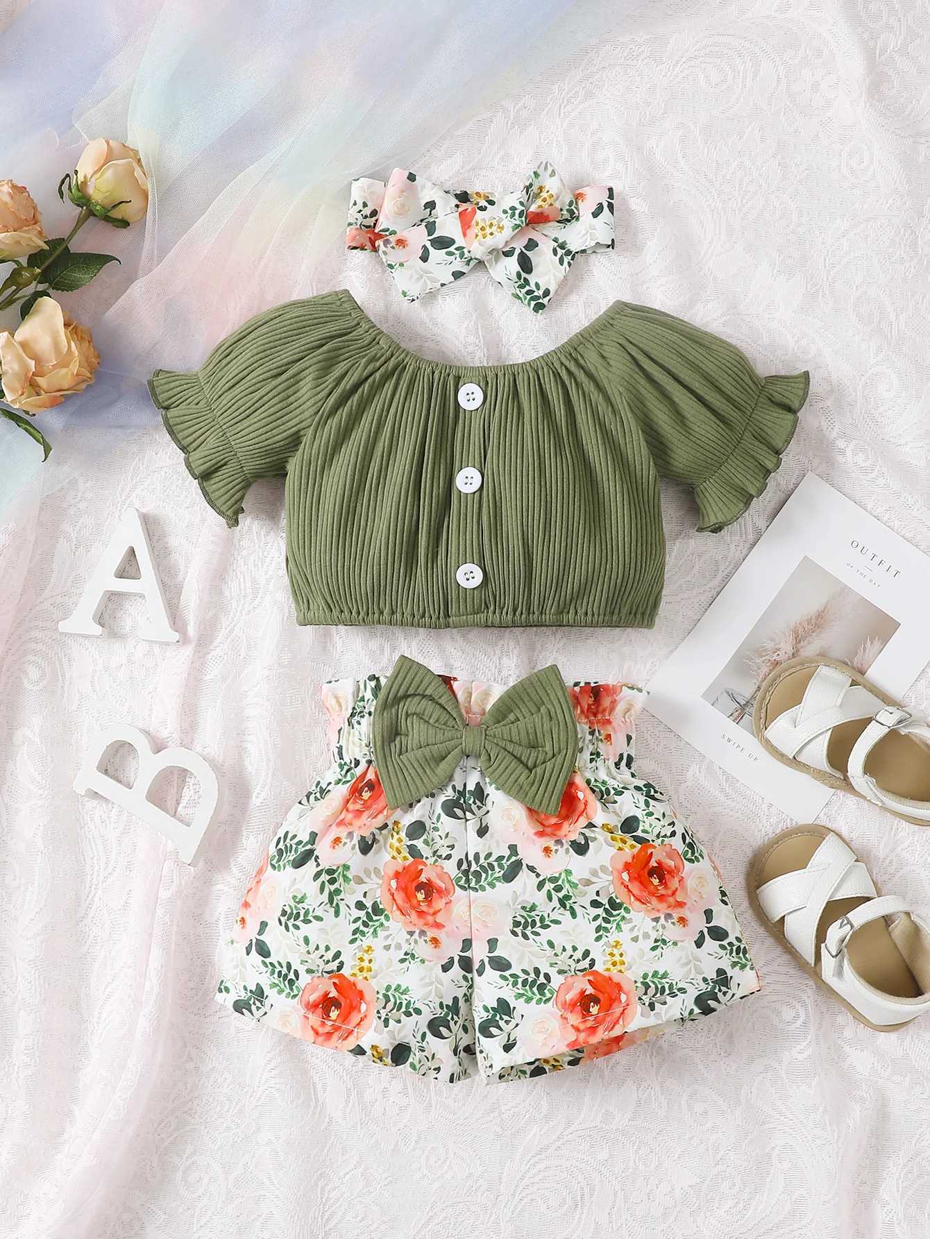 Summer round neck cute casual girl aged 0-2 Cotton Short Sleeved Headscarf Printed Bow Shorts Baby WearC250617