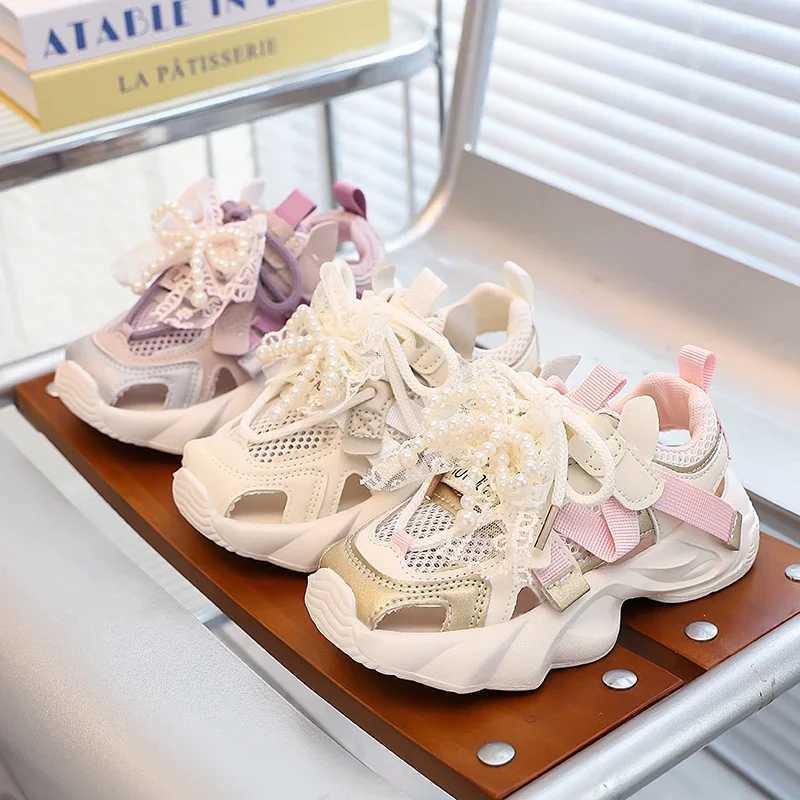 Girls Princess Shoes Mesh Breathable Kids Sports Sandals Sweet Lace Bows Beading 2025 Summer New Children Running Shoes Non-slip Z250618