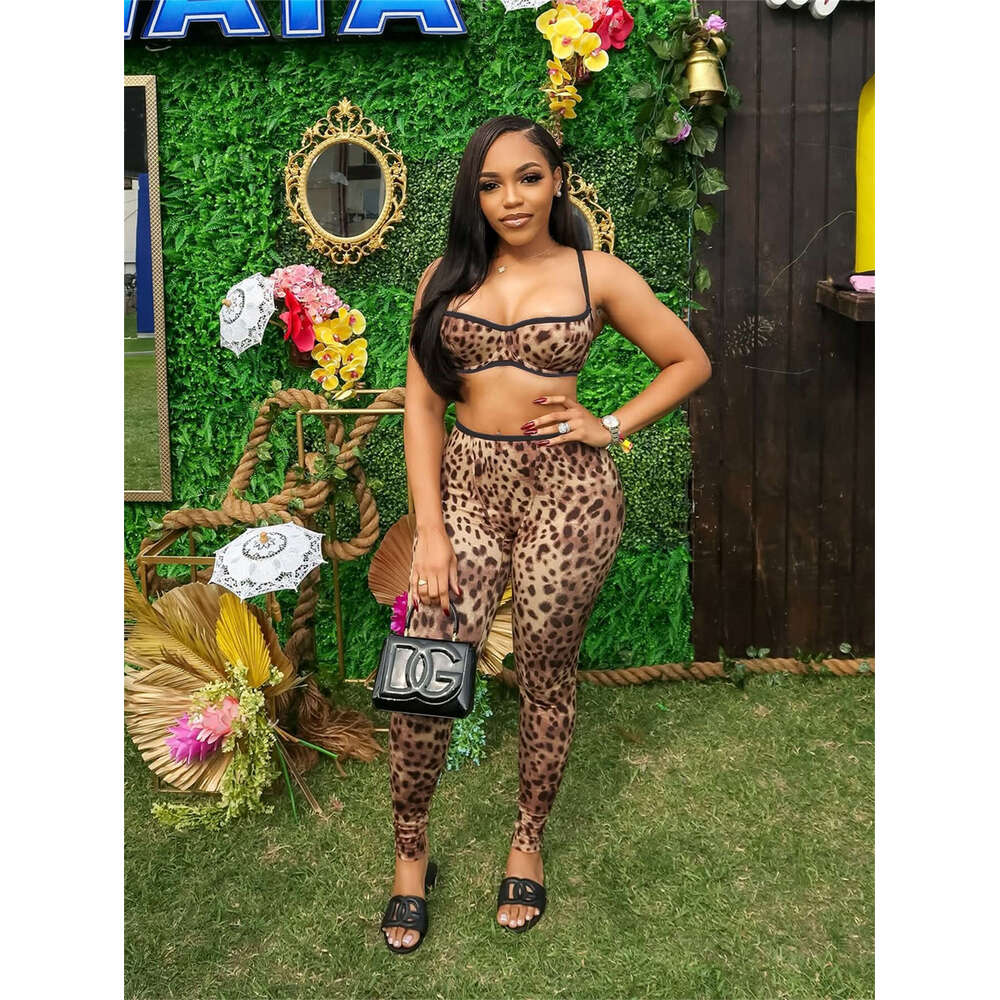 New Leopard Print Slim Fit Sexy Hot Girl Printed Camisole Crop Top Short Vest Long Pants Set B5
