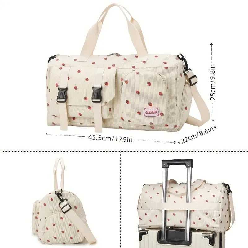 Large Capacity Travel Duffel Bag with Strawberry Pattern Wet/Dry Separation Independent Shoe Compartment Multiple Pockets W250618